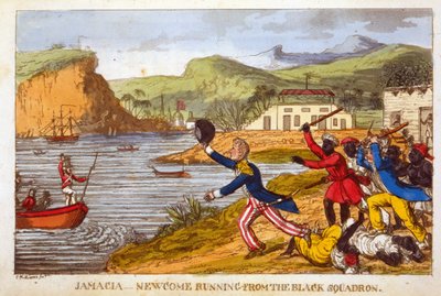 “来自黑人中队的新人”，来自约翰·米特福德（John Mitford，1782-1831）的“约翰尼新海军历险记”（有色的aquatint） 作者 查尔斯·威廉姆斯